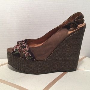 Qupid Brown Canvas Slingback Wedges